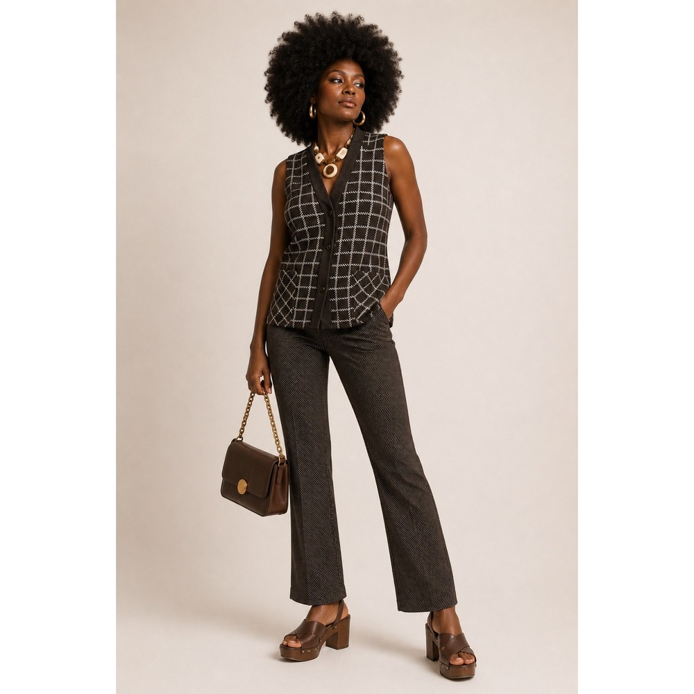 Vintage 70s‎ retro mod brown check vest pantsuit set med